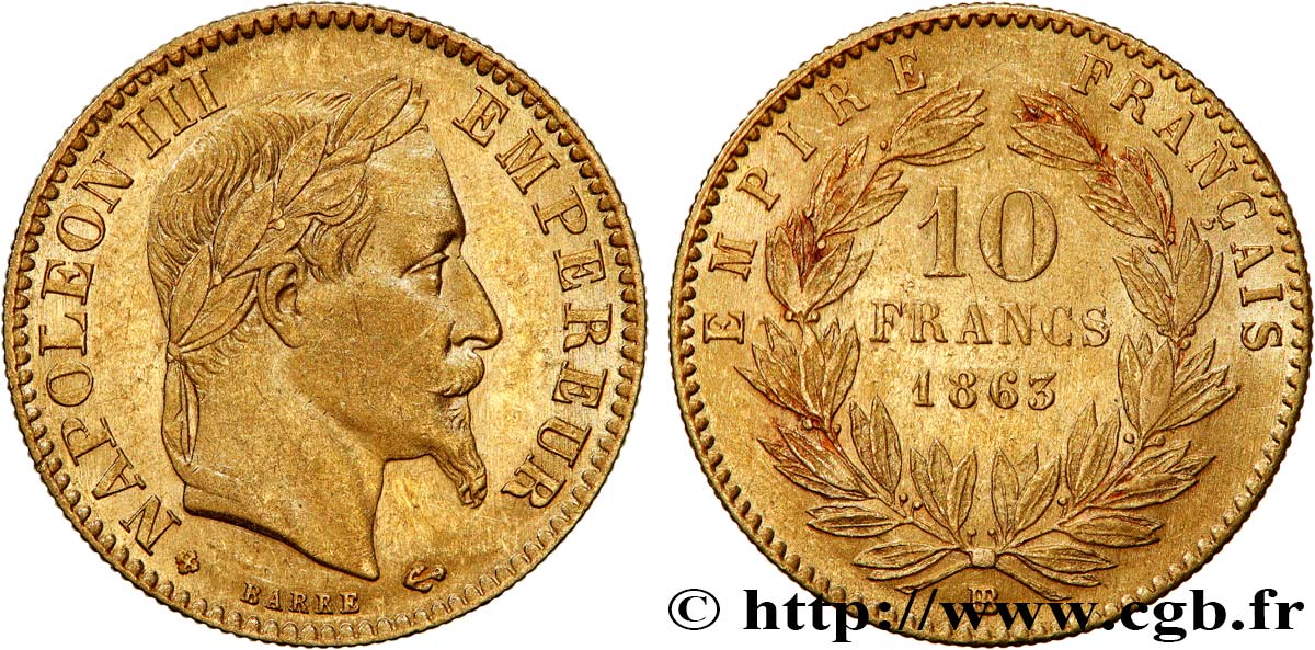 10 francs or Napoléon III, tête laurée 1863 Strasbourg F.507A/4 AU50 