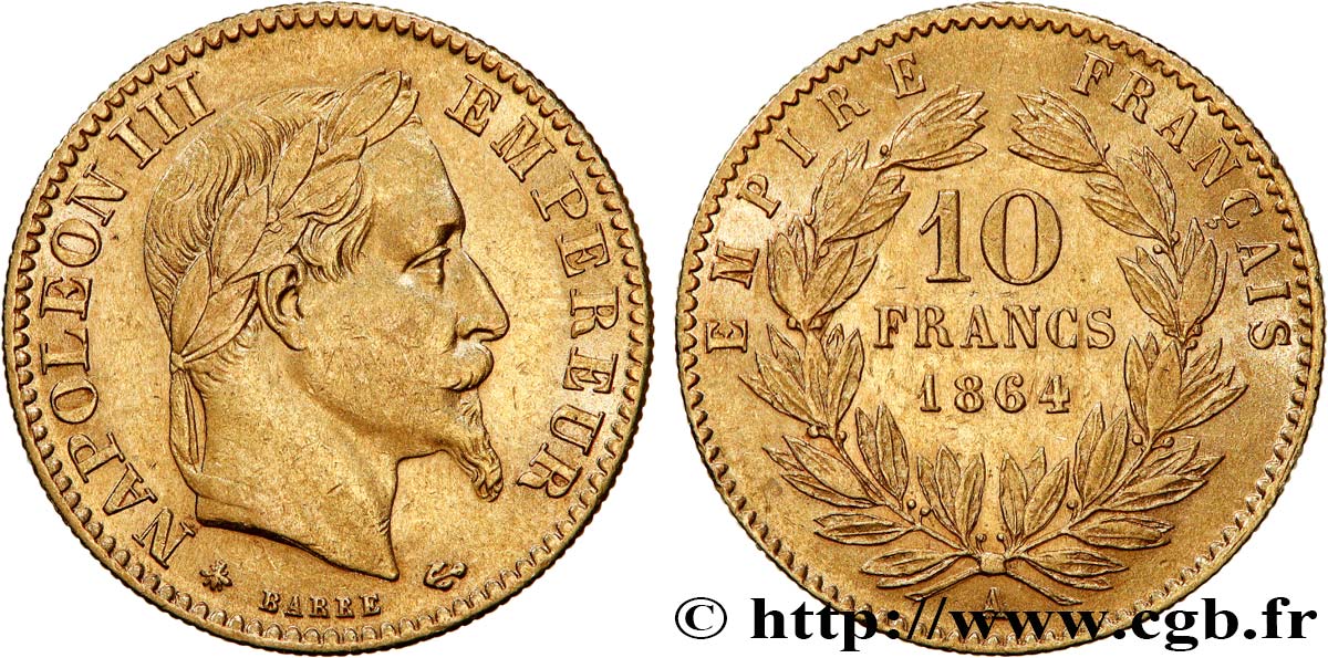 10 francs or Napoléon III, tête laurée 1864 Paris F.507A/6 XF45 