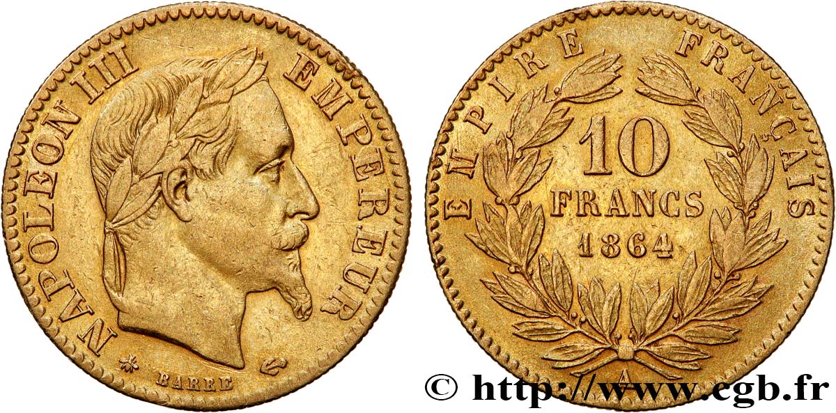 10 francs or Napoléon III, tête laurée 1864 Paris F.507A/6 TTB45 