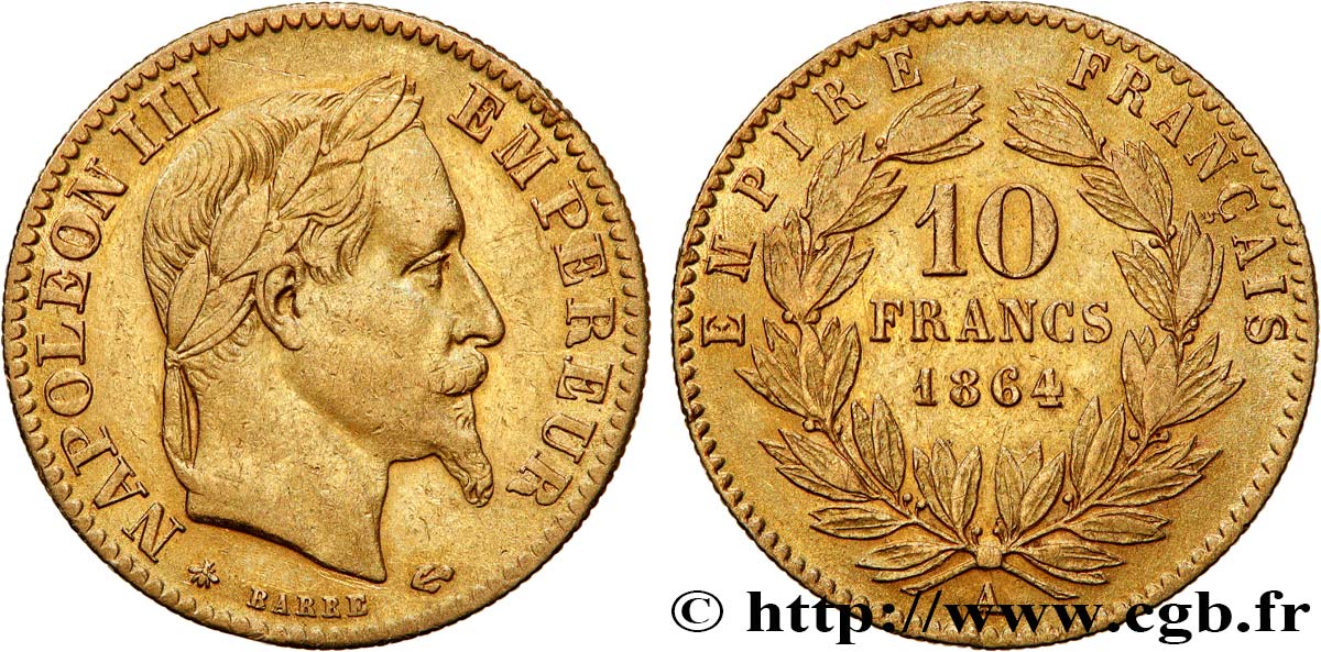 10 francs or Napoléon III, tête laurée 1864 Paris F.507A/6 XF45 