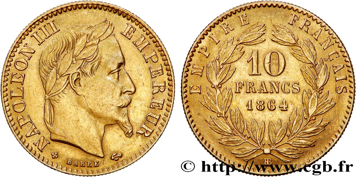 10 francs or Napoléon III, tête laurée 1864 Strasbourg F.507A/7 SS45 