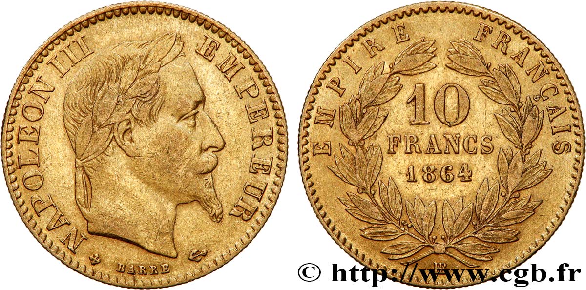10 francs or Napoléon III, tête laurée 1864 Strasbourg F.507A/7 MB35 