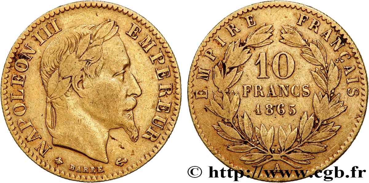 10 francs or Napoléon III, tête laurée 1865 Paris F.507A/9 MB25 