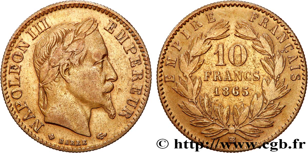 10 francs or Napoléon III, tête laurée 1865 Strasbourg F.507A/10 VF30 