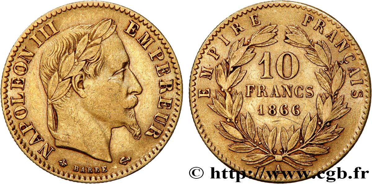 10 francs or Napoléon III, tête laurée 1866 Paris F.507A/12 BC+ 