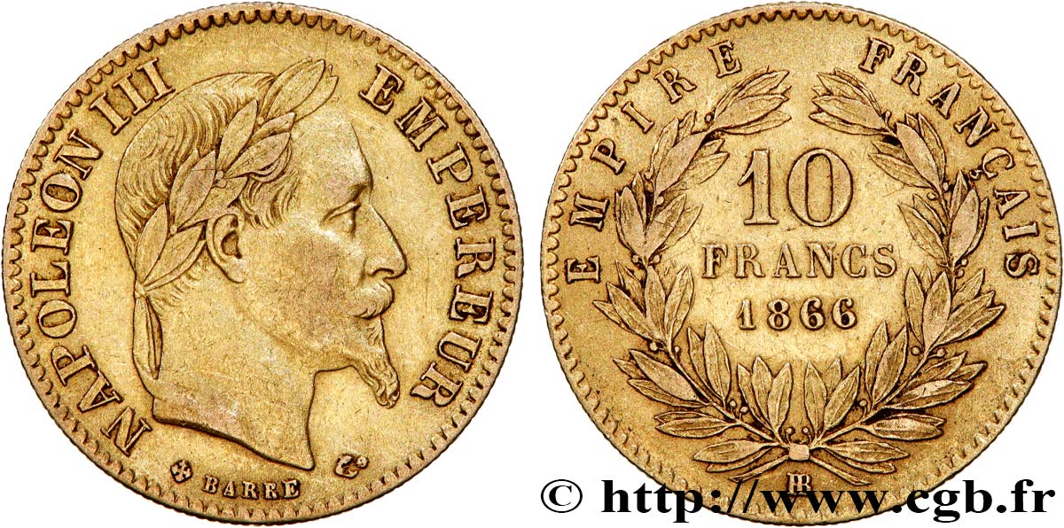 10 francs or Napoléon III, tête laurée 1866 Strasbourg F.507A/13 XF40 