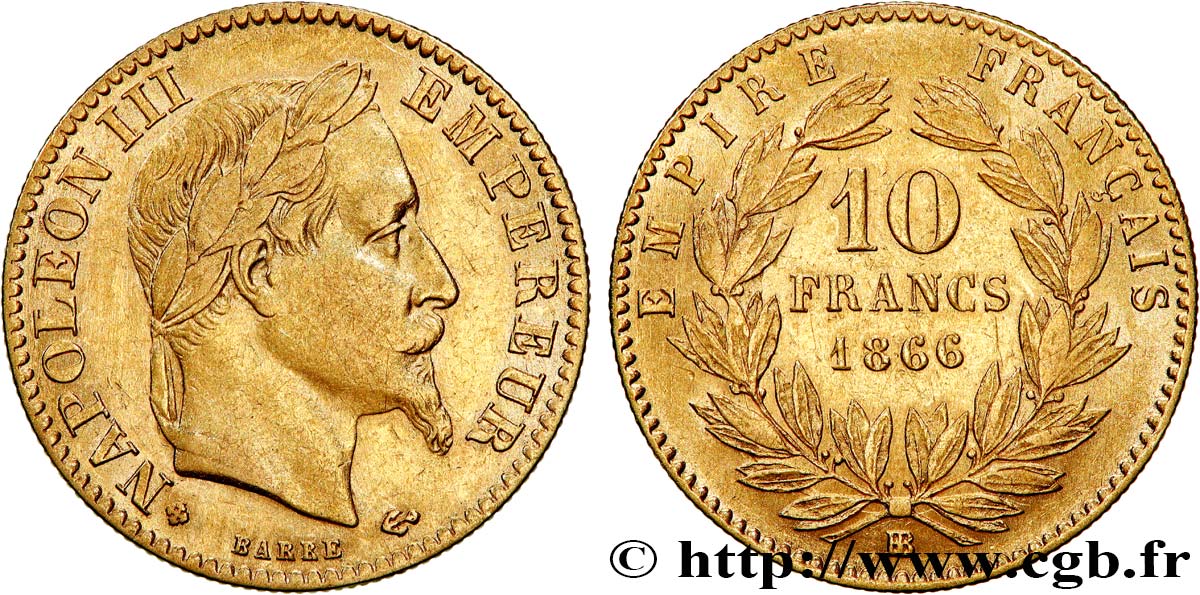 10 francs or Napoléon III, tête laurée 1866 Strasbourg F.507A/13 XF45 