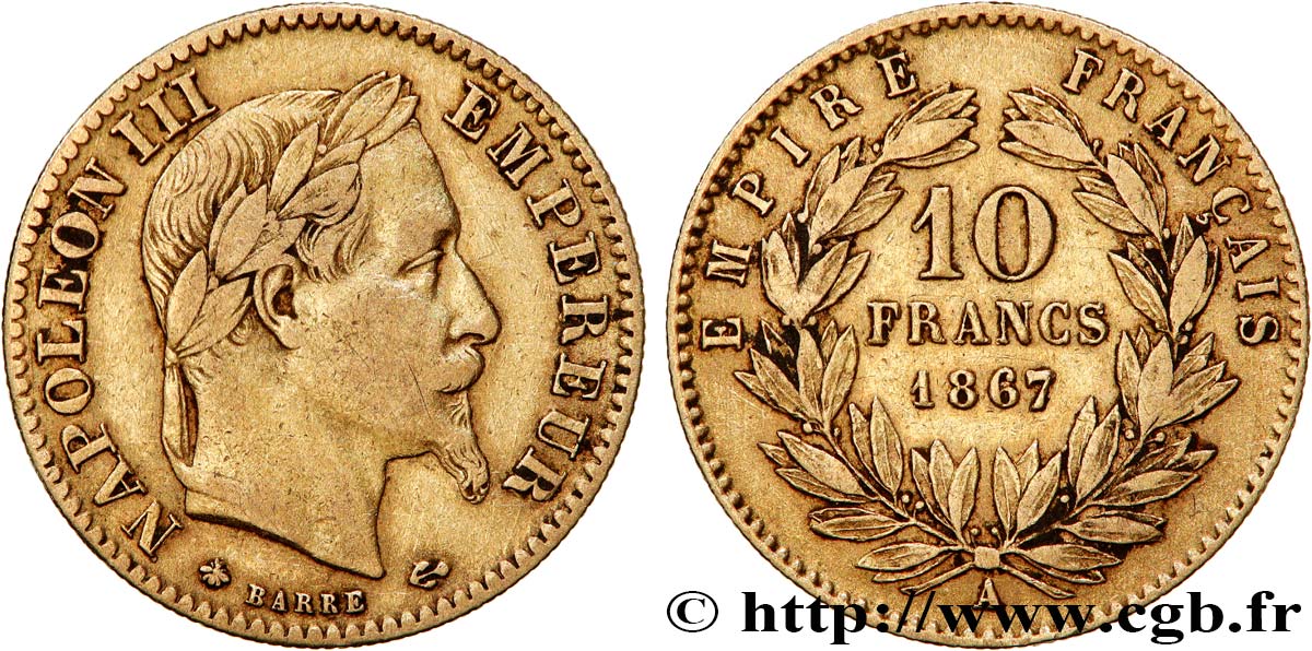 10 francs or Napoléon III, tête laurée 1867 Paris F.507A/15 BC+ 