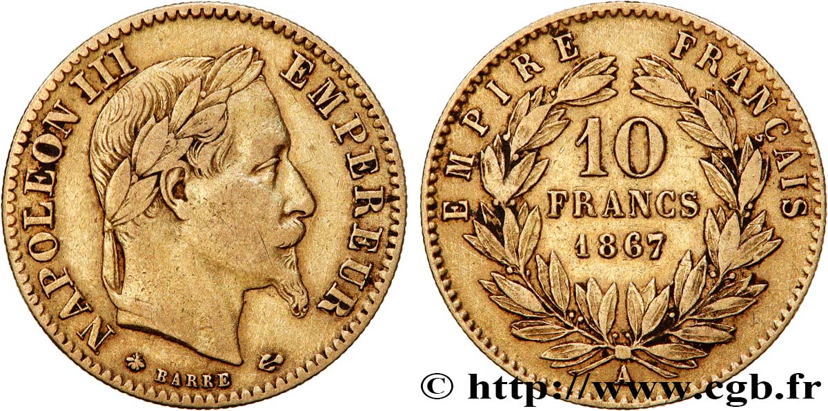10 francs or Napoléon III, tête laurée 1867 Paris F.507A/15 TB+ 