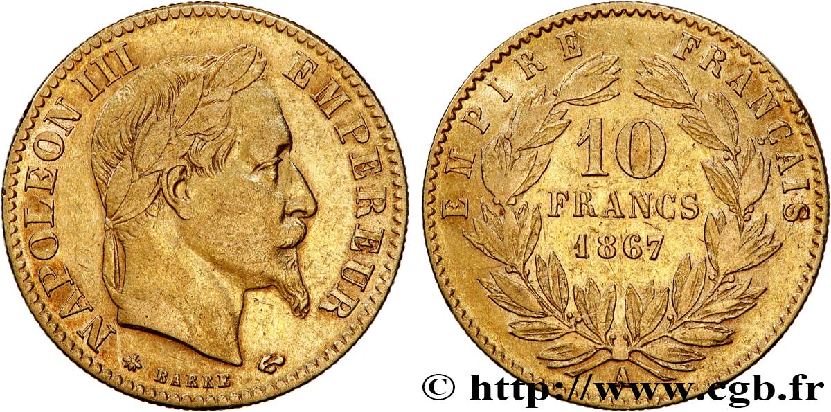 10 francs or Napoléon III, tête laurée 1867 Paris F.507A/15 VF 