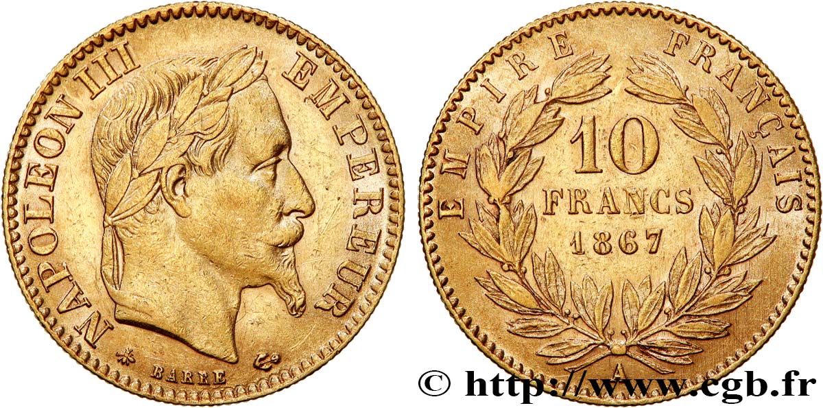 10 francs or Napoléon III, tête laurée 1867 Paris F.507A/15 XF 