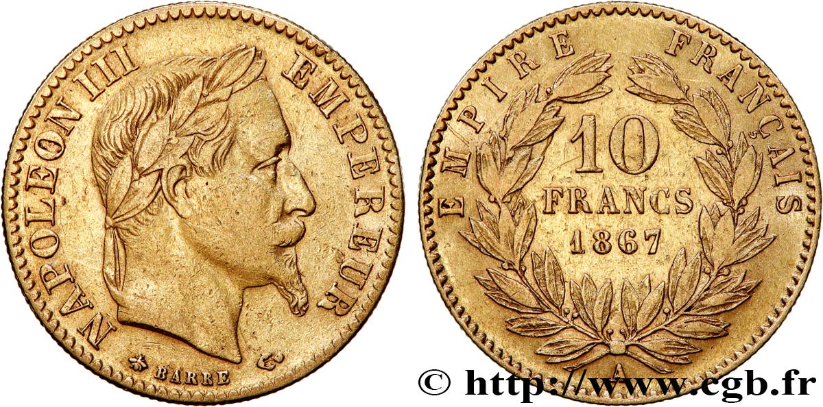 10 francs or Napoléon III, tête laurée 1867 Paris F.507A/15 TB+ 