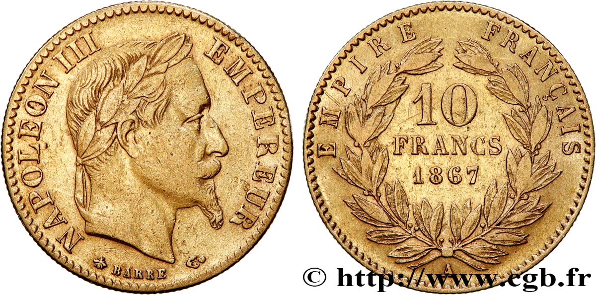 10 francs or Napoléon III, tête laurée 1867 Paris F.507A/15 VF 