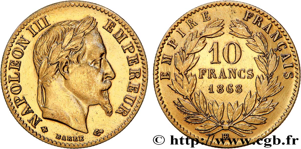 10 francs or Napoléon III, tête laurée 1868 Strasbourg F.507A/18 q.BB 