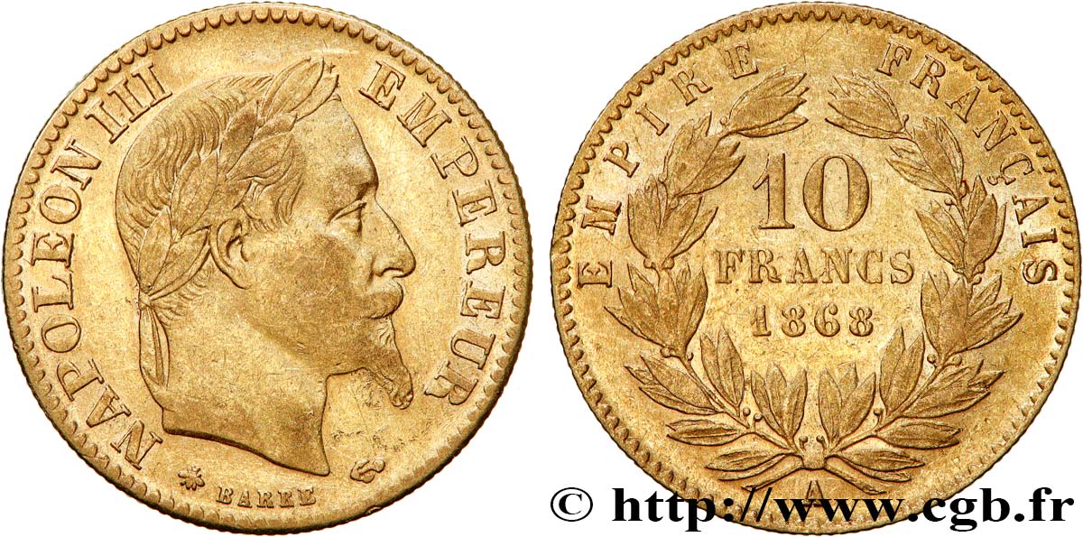 10 francs or Napoléon III, tête laurée 1868 Paris F.507A/17 VF30 