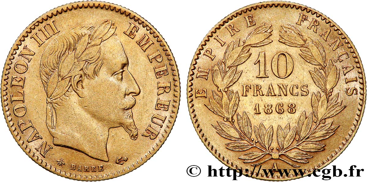 10 francs or Napoléon III, tête laurée 1868 Paris F.507A/17 XF45 
