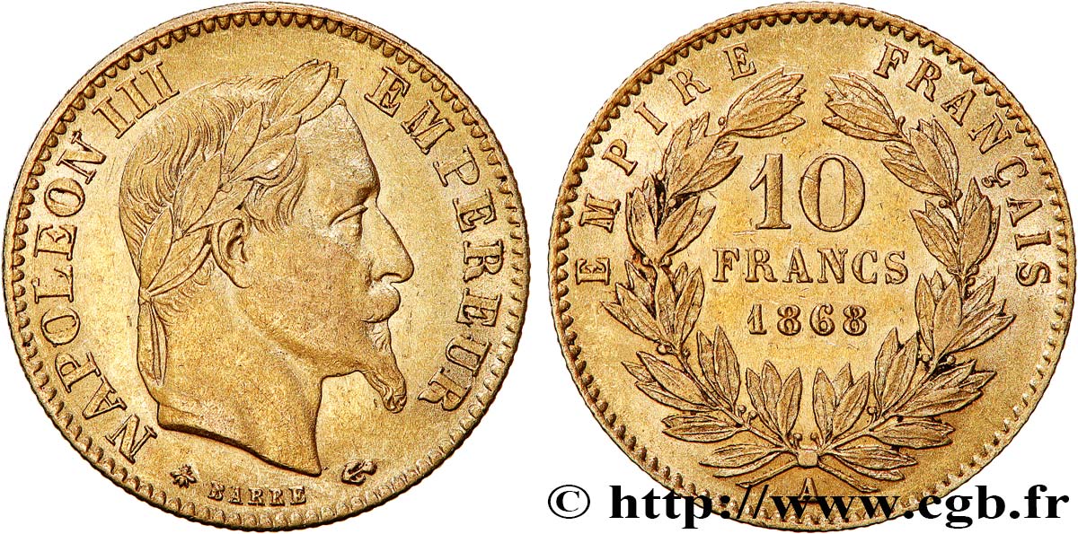10 francs or Napoléon III, tête laurée 1868 Paris F.507A/17 XF45 