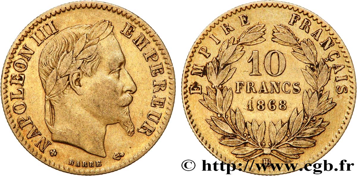 10 francs or Napoléon III, tête laurée 1868 Strasbourg F.507A/18 XF40 