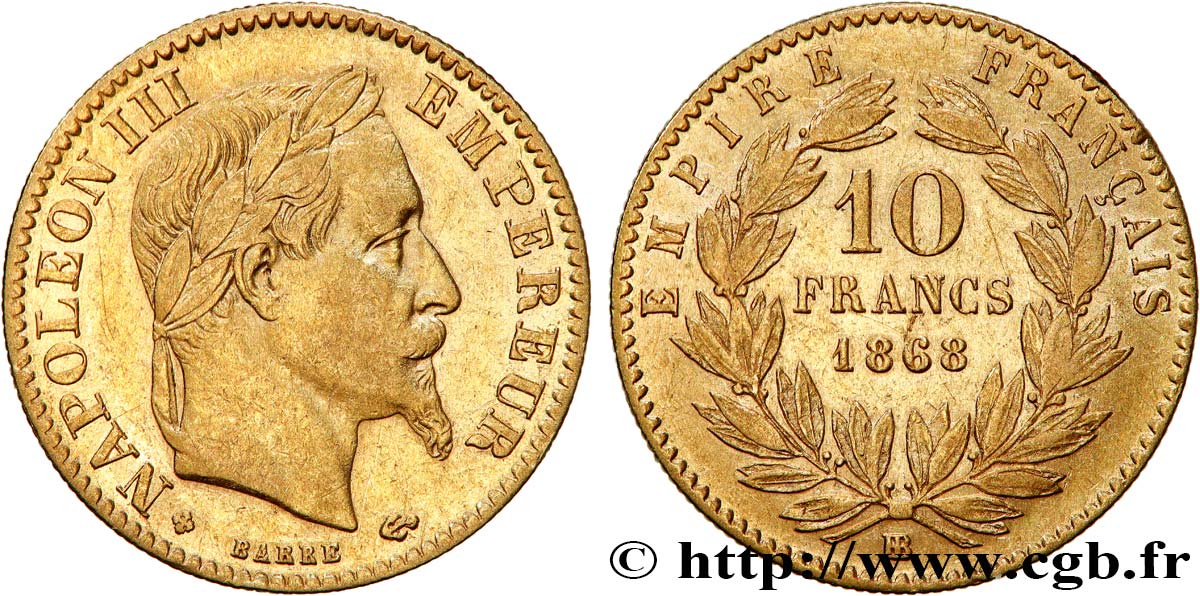 10 francs or Napoléon III, tête laurée 1868 Strasbourg F.507A/18 MBC40 