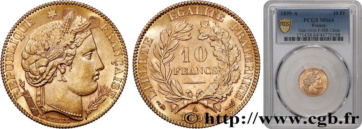 10 francs or Cérès, Troisième République 1899 Paris F.508/5 SPL64 PCGS