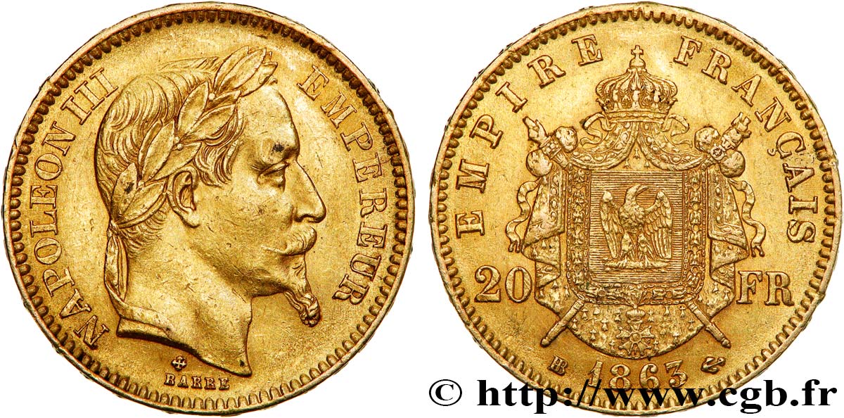 20 francs or Napoléon III, tête laurée 1863 Strasbourg F.532/7 fVZ 