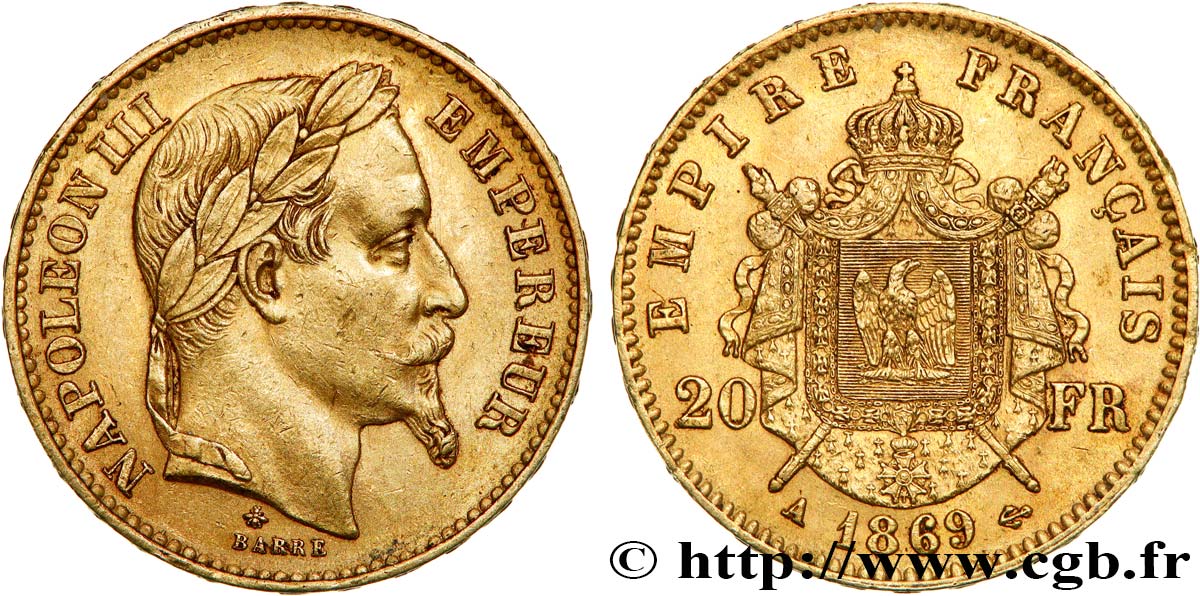 20 francs or Napoléon III, tête laurée 1869 Paris F.532/20 SS53 