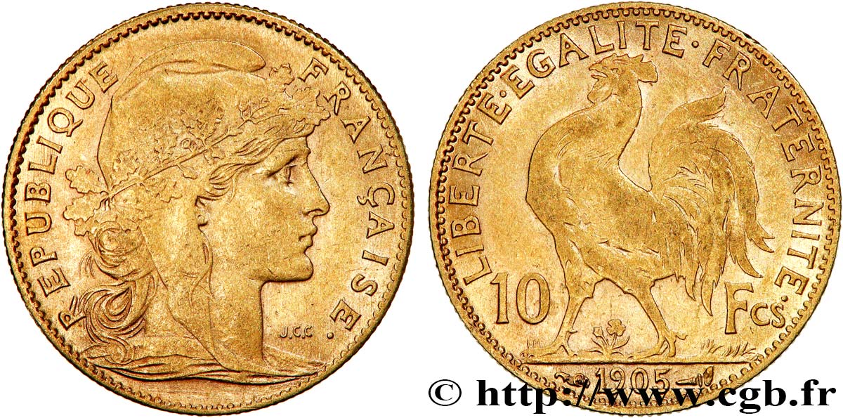 10 francs or Coq 1905 Paris F.509/6 XF 
