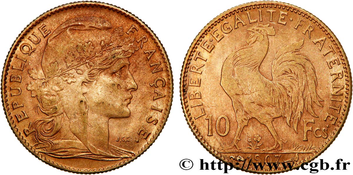 10 francs or Coq 1907 Paris F.509/8 XF 