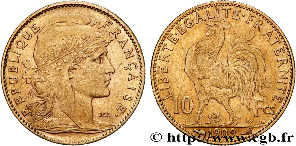 10 francs or Coq 1909 Paris F.509/10 XF 
