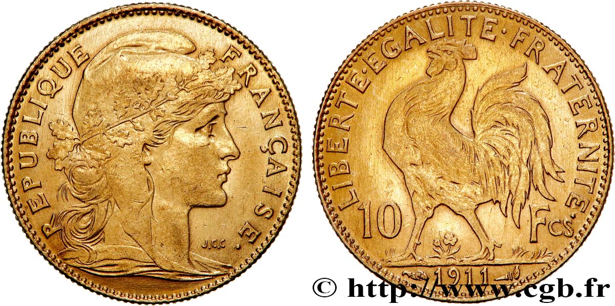 10 francs or Coq 1911 Paris F.509/12 XF 