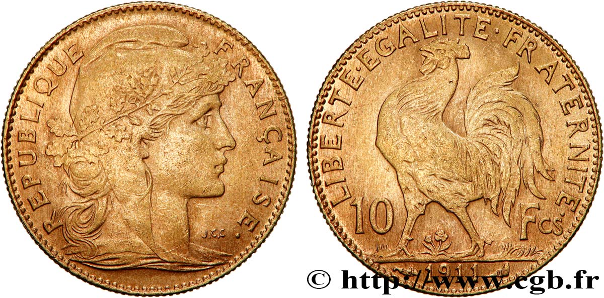 10 francs or Coq 1911 Paris F.509/12 fVZ 