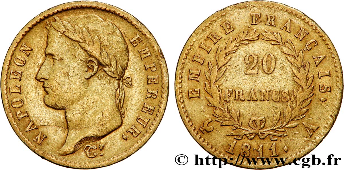 20 francs or Napoléon, tête laurée, Empire français 1811 Paris F.516/16 BB40 