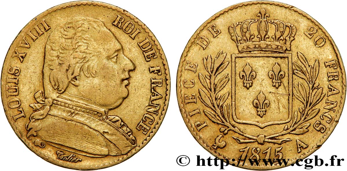 20 francs or Louis XVIII, buste habillé 1815 Paris F.517/10 VF 