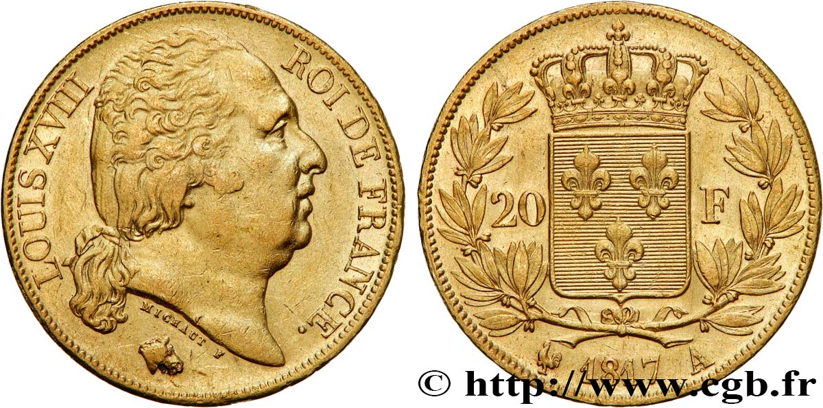 20 francs or Louis XVIII, tête nue 1817 Paris F.519/5 AU53 