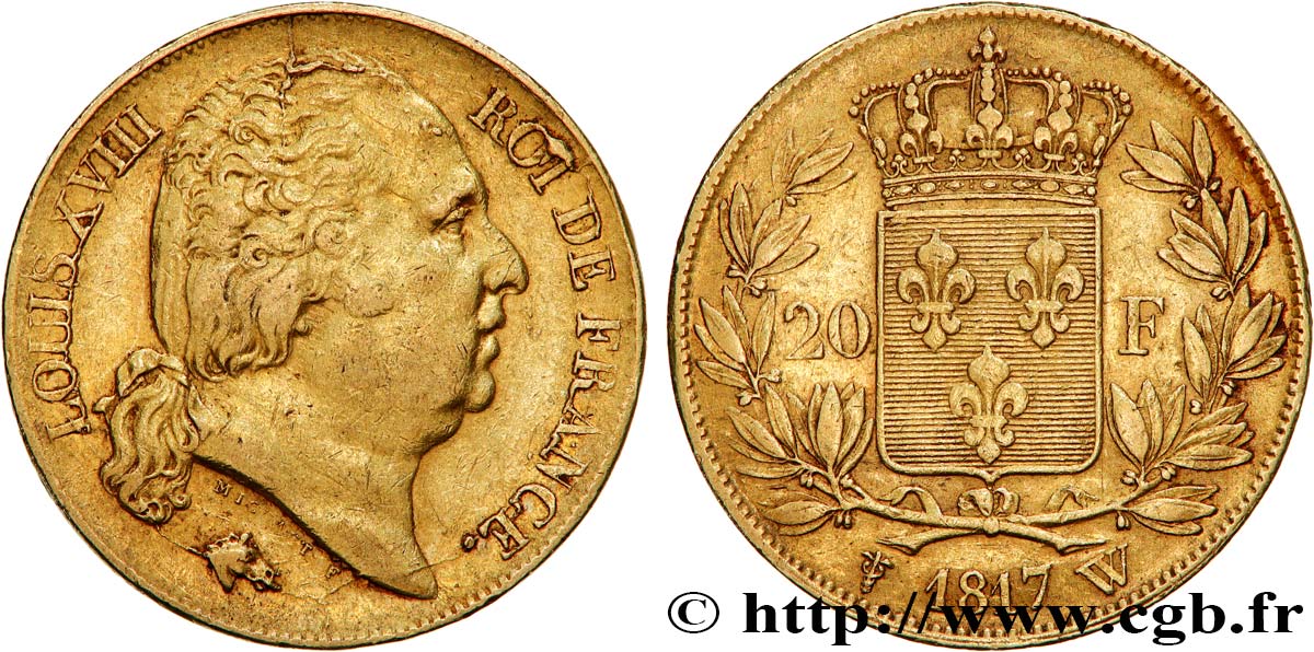 20 francs or Louis XVIII, tête nue 1817 Lille F.519/9 XF45 