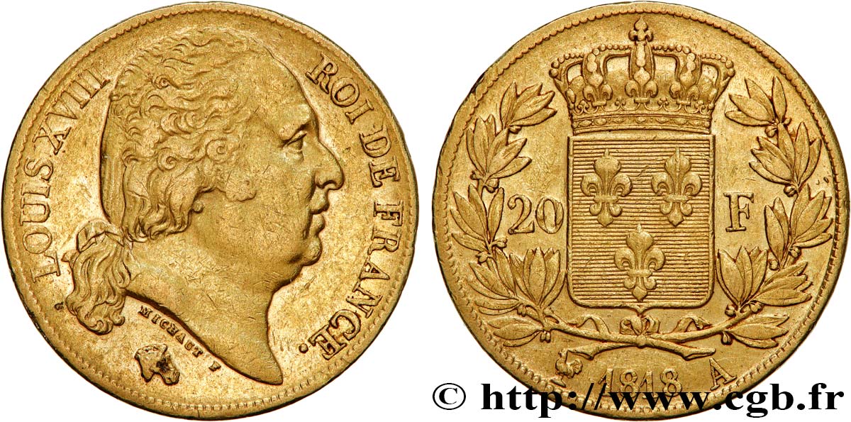 20 francs or Louis XVIII, tête nue 1818 Paris F.519/10 BB50 