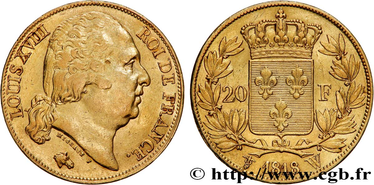 20 francs or Louis XVIII, tête nue 1818 Lille F.519/14 AU 