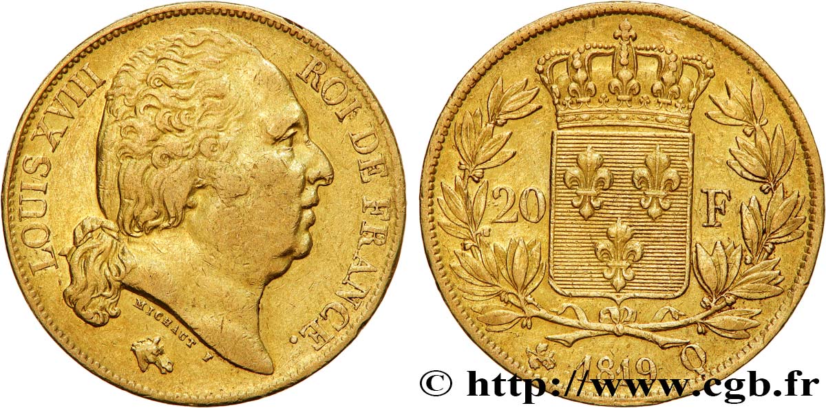 20 francs or Louis XVIII, tête nue 1819 Perpignan F.519/16 MBC50 