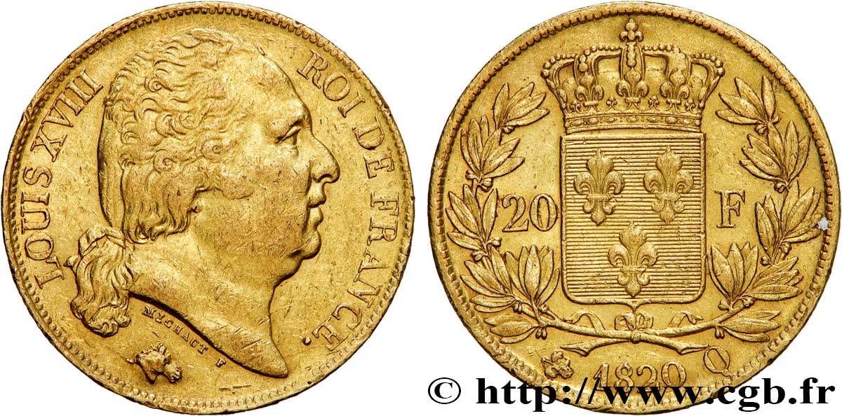 20 francs or Louis XVIII, tête nue 1820 Perpignan F.519/21 AU53 