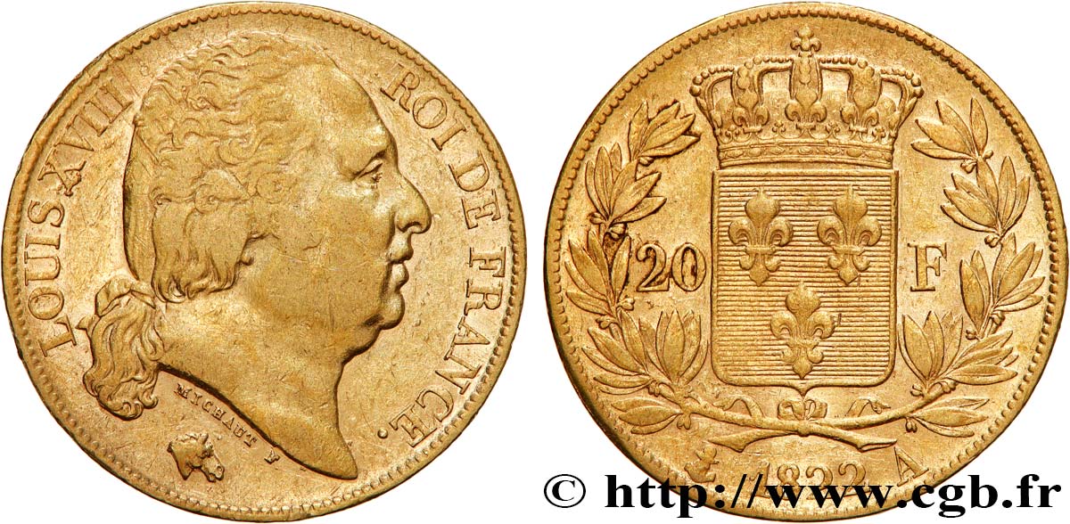 20 francs or Louis XVIII, tête nue 1822 Paris F.519/26 SS50 