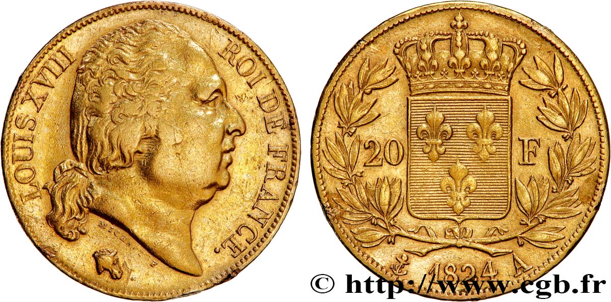 20 francs or Louis XVIII, tête nue 1824 Paris F.519/31 XF 