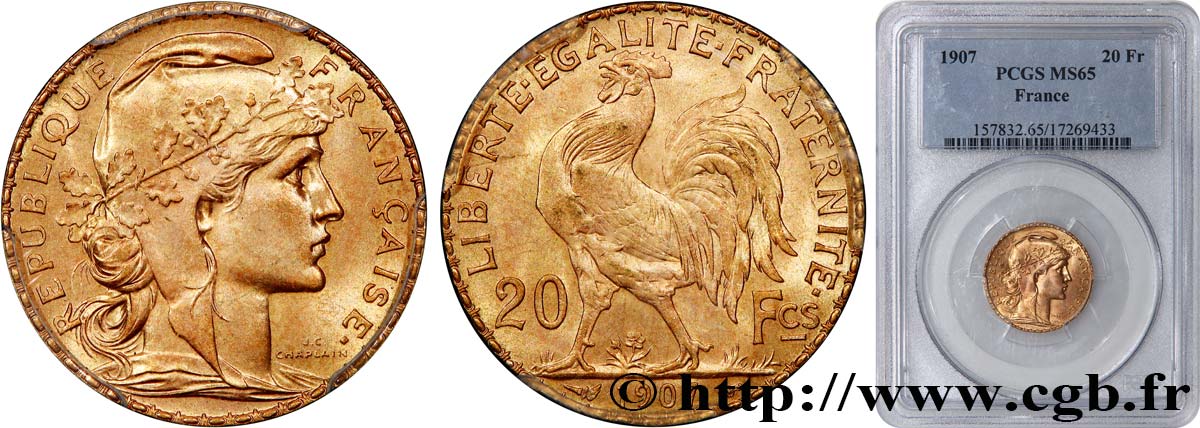 20 francs or Coq, Liberté Égalité Fraternité 1907 Paris F.535/1 MS65 PCGS