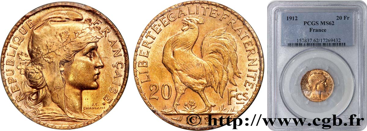 20 francs or Coq, Liberté Égalité Fraternité 1912 Paris F.535/6 MS62 PCGS