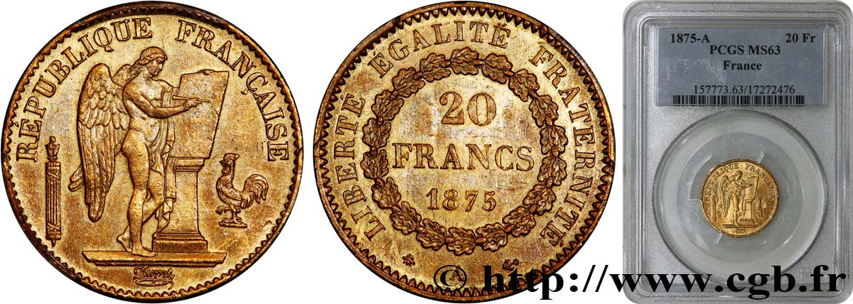 20 francs or Génie, Troisième République 1875 Paris F.533/3 MS63 PCGS