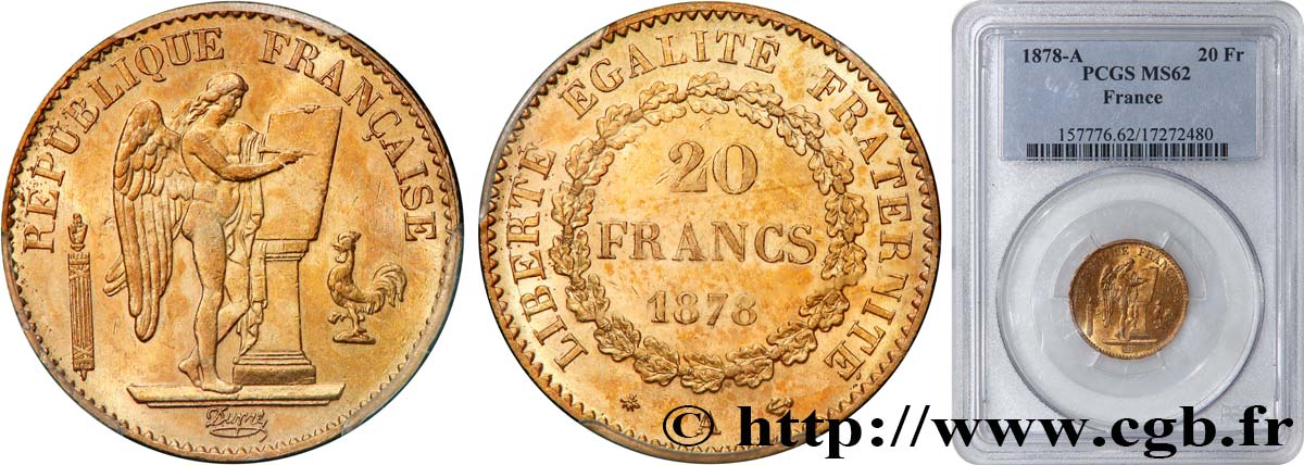 20 francs or Génie, Troisième République 1878 Paris F.533/6 MS62 PCGS