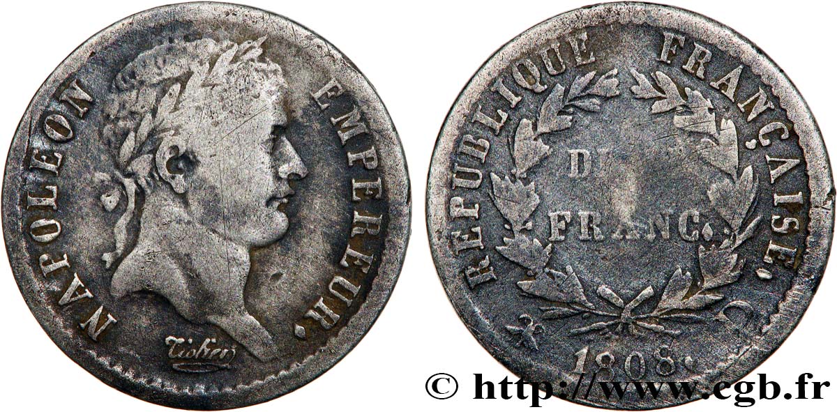 Demi-franc Napoléon Ier tête laurée, République française 1808 Lyon F.177/5 VF 
