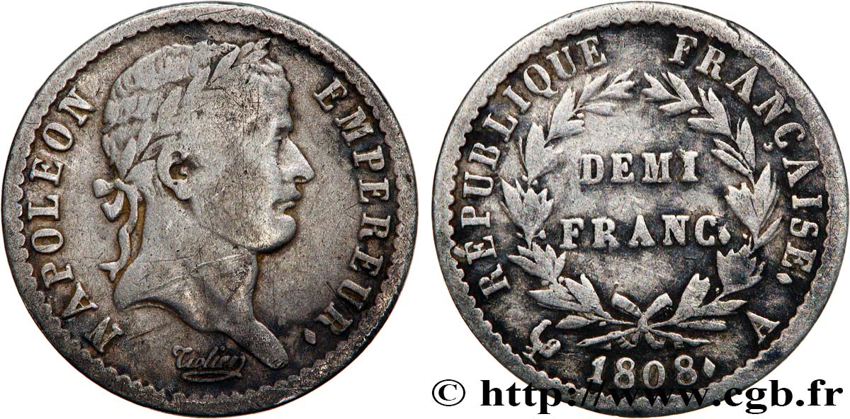 Demi-franc Napoléon Ier tête laurée, République française 1808 Paris F.177/2 TB 