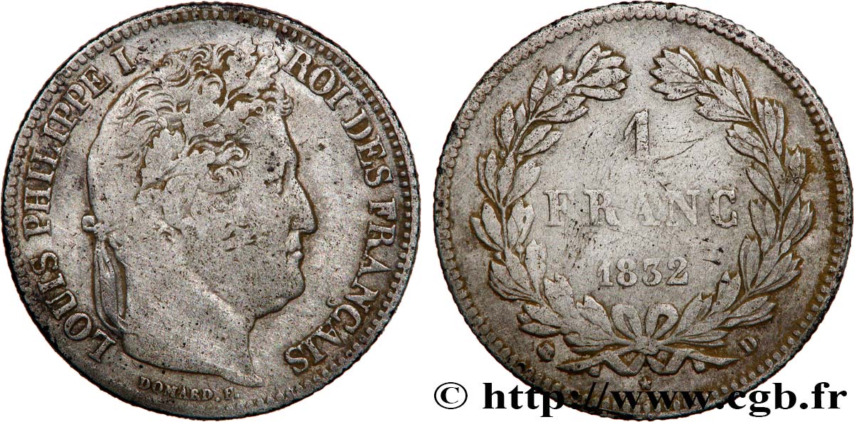 1 franc Louis-Philippe, couronne de chêne 1832 Lyon F.210/4 q.MB 