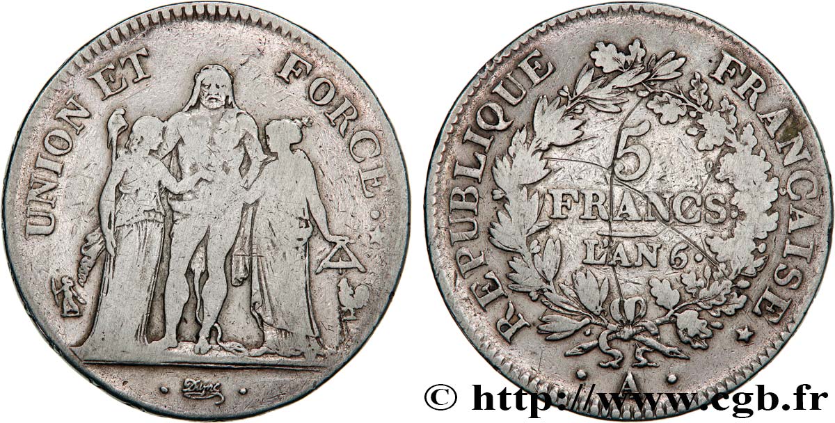 5 francs Union et Force, Union serré, avec glands intérieurs et gland extérieur, Tranche Fautée 1798 Paris F.288/33 S 