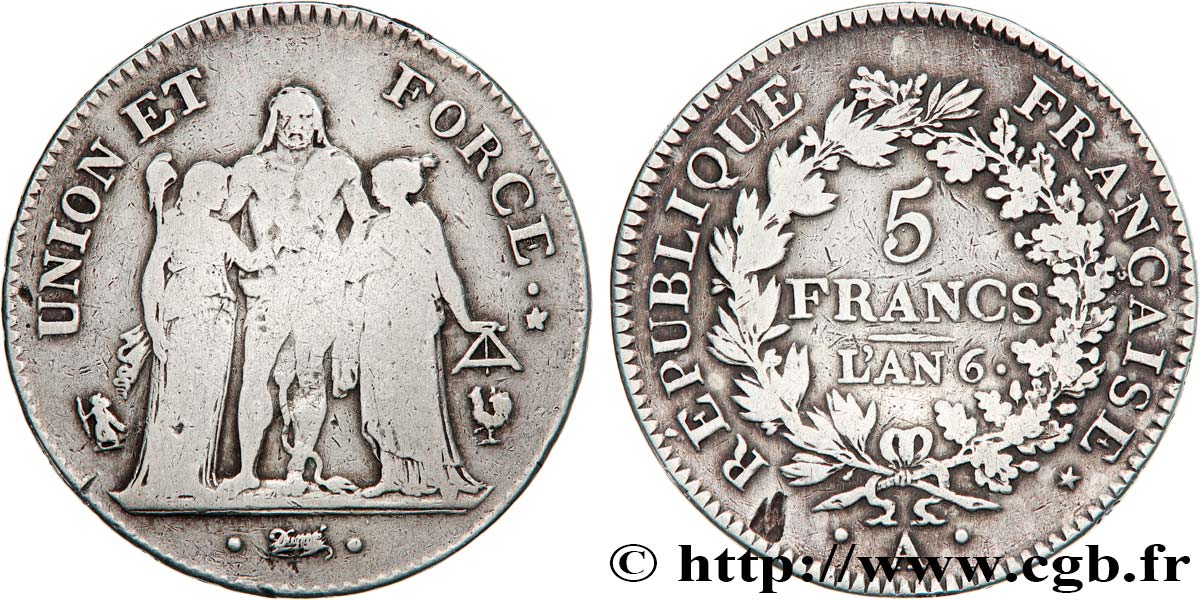 5 francs Union et Force, Union serré, gland intérieur haut, gland extérieur, petite feuille 1798 Paris F.288/35 VF 